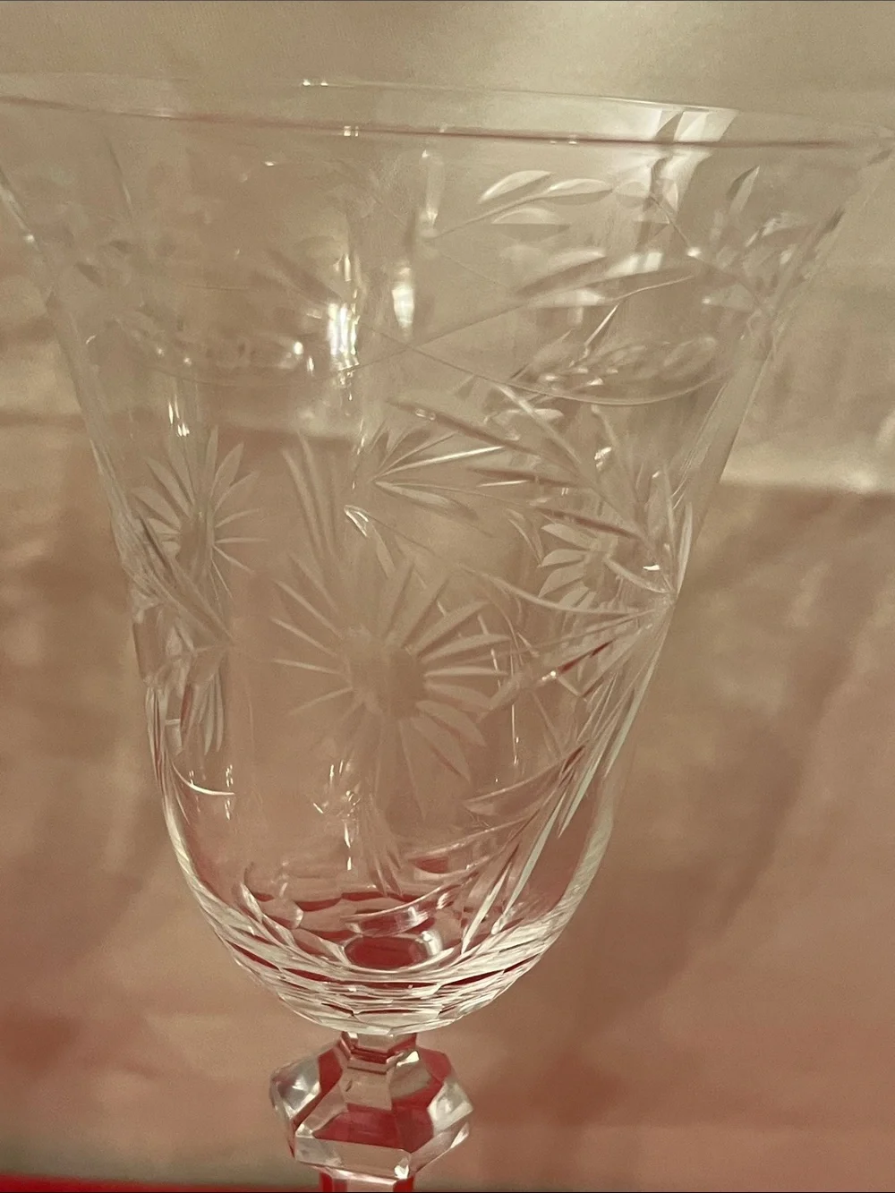 Vintage Floral Cut and Polished Goblet UNK2579 EUC So LIGHT Thin 7”7/8H